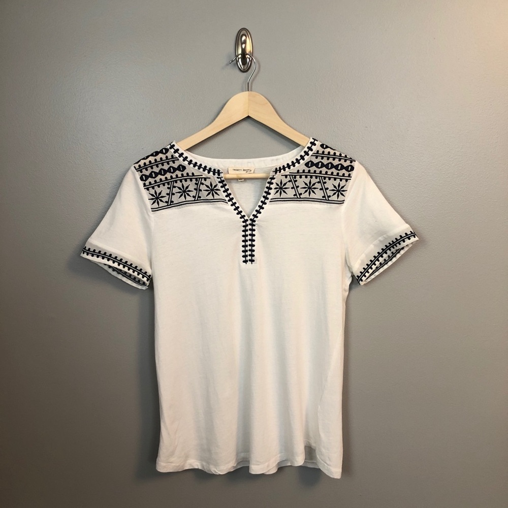 White and Navy Embroidered Top